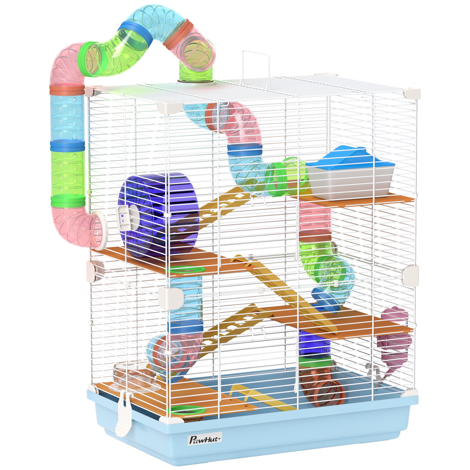 Photo of PawHut 5 Tier Hamster Cage Carrier Habitat w/ Exercise Wheels, Tunnel, Light Blue in Blue colour on a white background