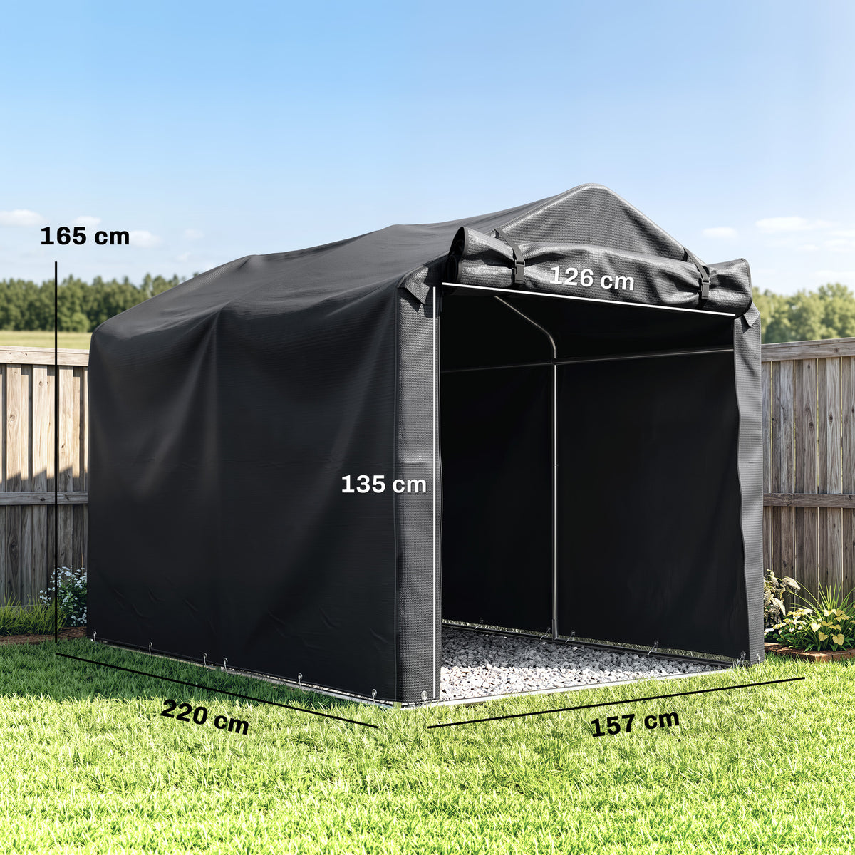 Black garden storage tent with open front and dimensions marked on the frame