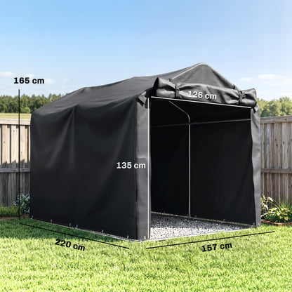 Black garden storage tent with open front and dimensions marked on the frame