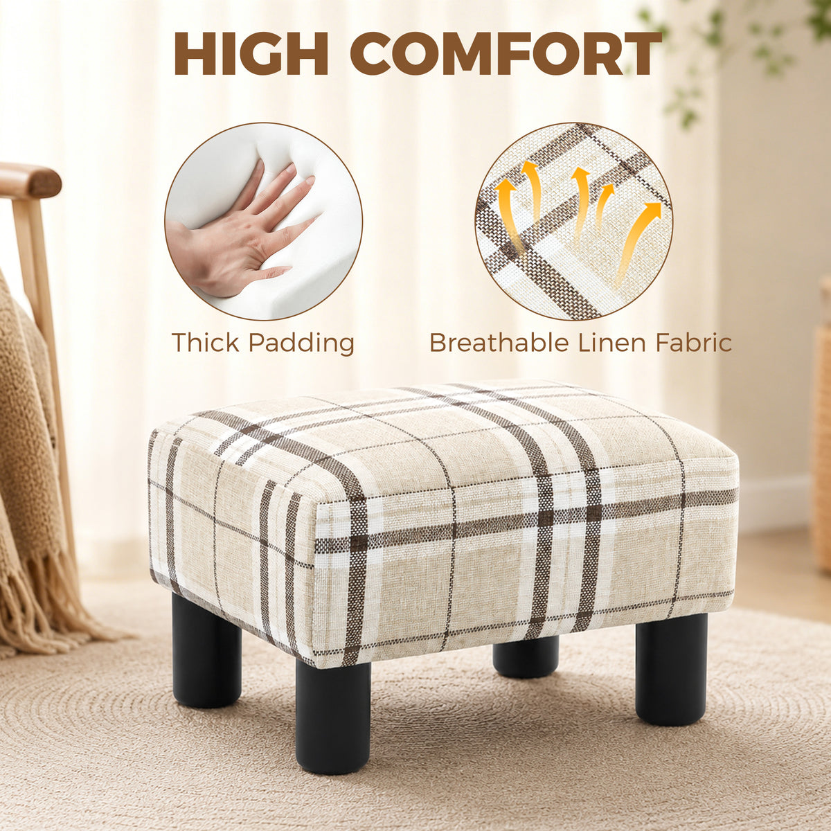 HOMCOM Linen Fabric Footstool Ottoman Cube with 4 Plastic Legs, Multi-colored