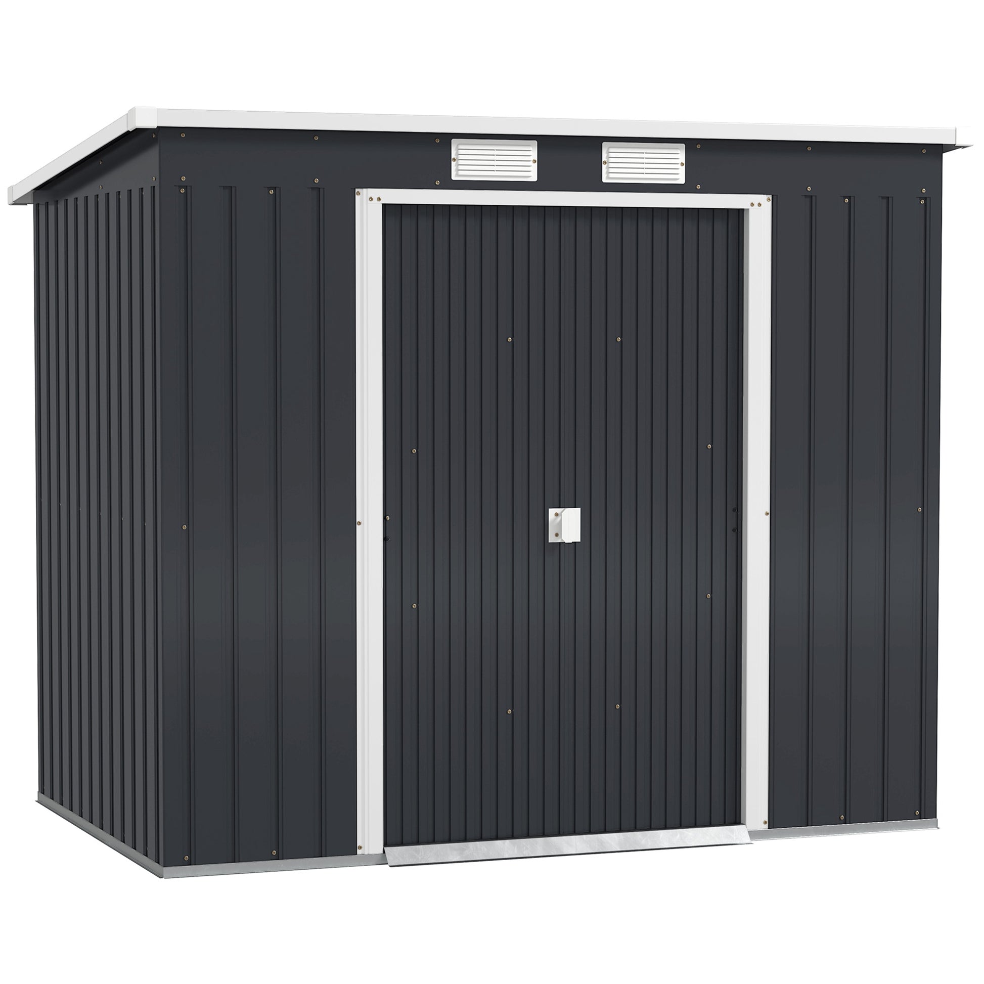 Photo of Outsunny 7 x 4ft Galvanised Steel Garden Shed, with Foundation Kit - Dark Grey in Grey colour on a white background