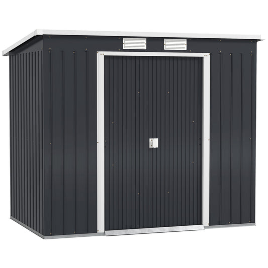 Photo of Outsunny 7 x 4ft Galvanised Steel Garden Shed, with Foundation Kit - Dark Grey in Grey colour on a white background