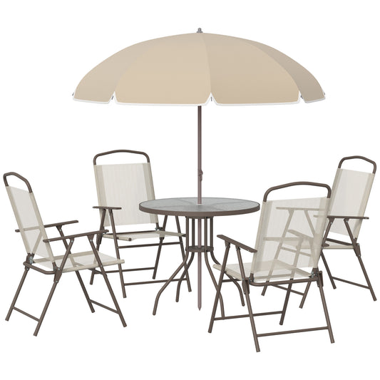 Photo of Outsunny Garden Patio Texteline Folding Chairs Plus Table and Parasol Furniture Bistro Set 6 Pieces - Coffee/Cream in Coffee/Cream colour on a white background