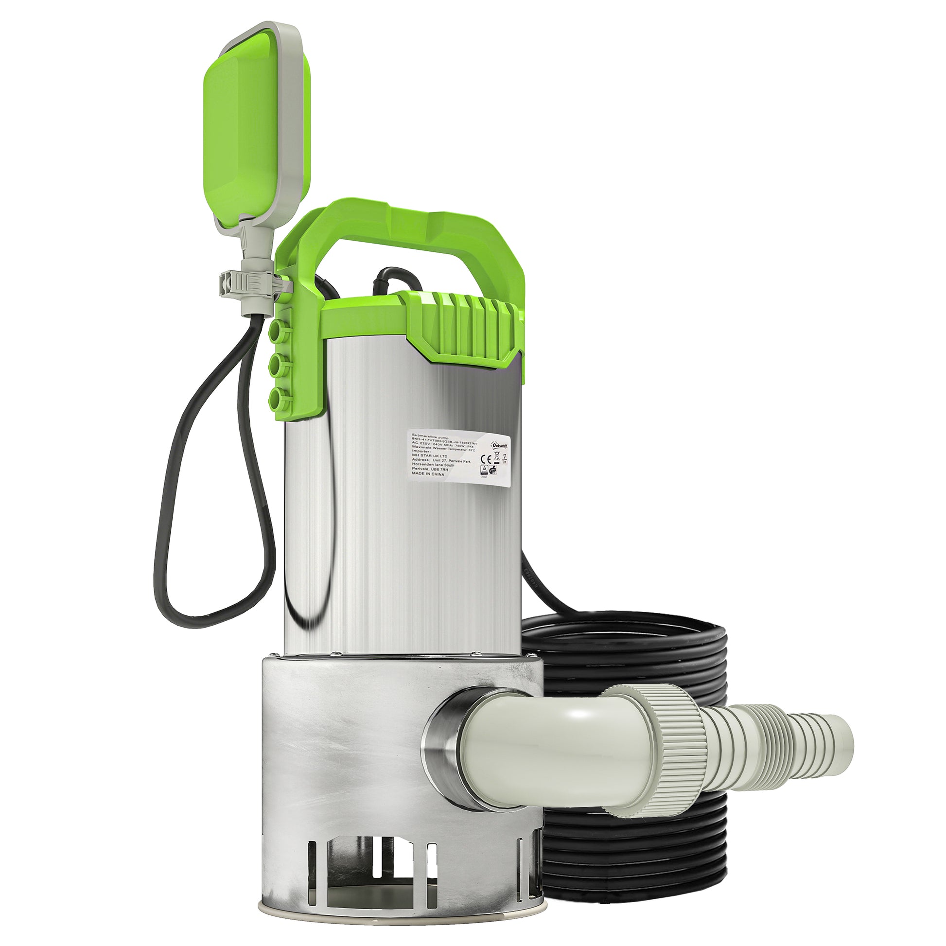 Photo of Outsunny 1100W Submersible Water Pump for Dirty/Clean Water, 18500L/H Electric Sump Pump with Float Switch, Drain Water from Garden Pond, Hot Tub, Ditches, Portable and Lightweight, Green in Green colour on a white background