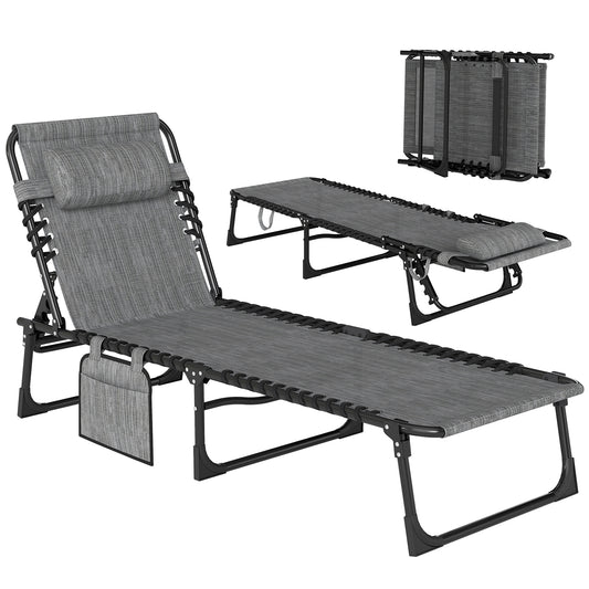 Photo of Outsunny Portable Sun Lounger, Folding Camping Bed Cot, Reclining Lounge Chair 5-position Adjustable Backrest with Side Pocket, Pillow for Patio Garden Beach Pool, Mixed Grey in Grey colour on a white background