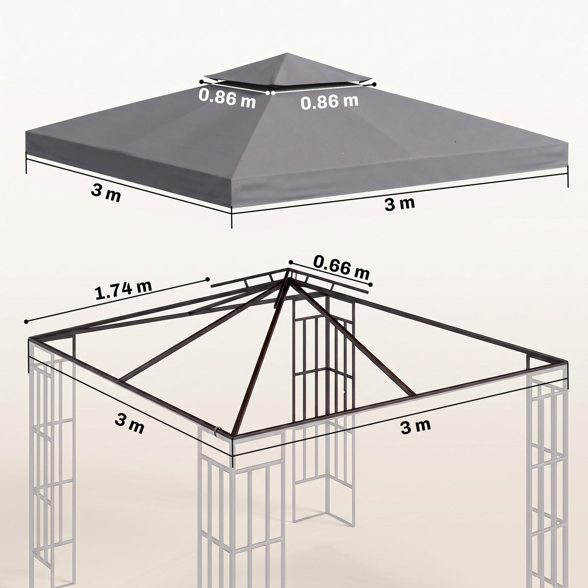 Two-tier gazebo replacement canopy cover with 3 m sides and dimension diagram