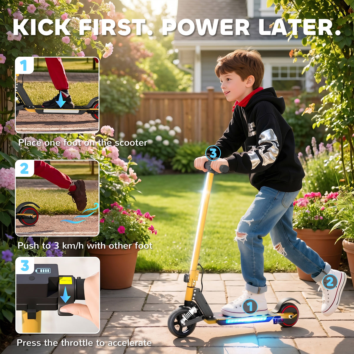 Child demonstrating how to start the SPORTNOW scooter with a kick and throttle