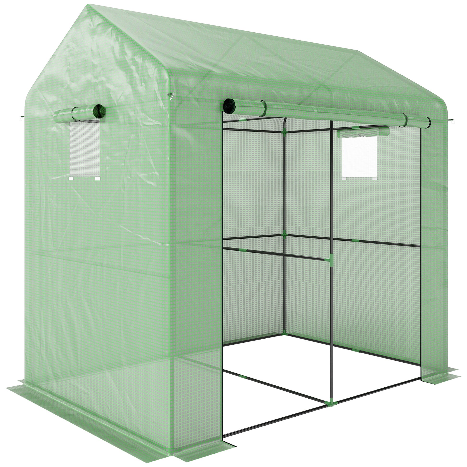 Photo of Outsunny Greenhouse, Walk-in Garden Grow House with Roll-up Door and Mesh Windows, 200 x 140 x 200cm, Green in Green colour on a white background