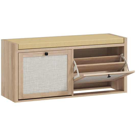 Photo of HOMCOM Rattan Shoe Bench with Padded Cushion and 2 Cabinets for Hidden Storage, Oak Wood Effect in Effect colour on a white background