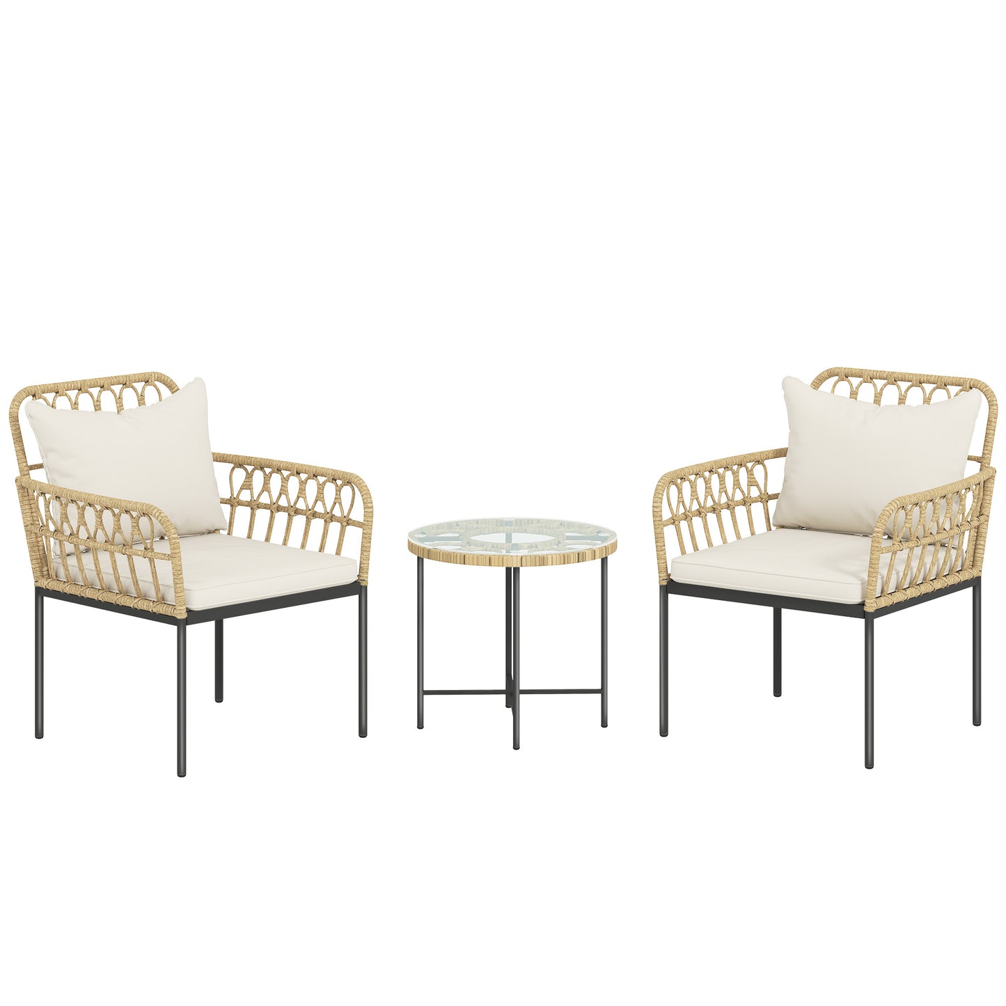 Photo of Outsunny 3 Piece Rattan Bistro Set, Wicker Garden Furniture Set with Cushions, Glass Top Coffee Table and Chairs for Outdoor, Patio, Balcony, Beige in Beige colour on a white background