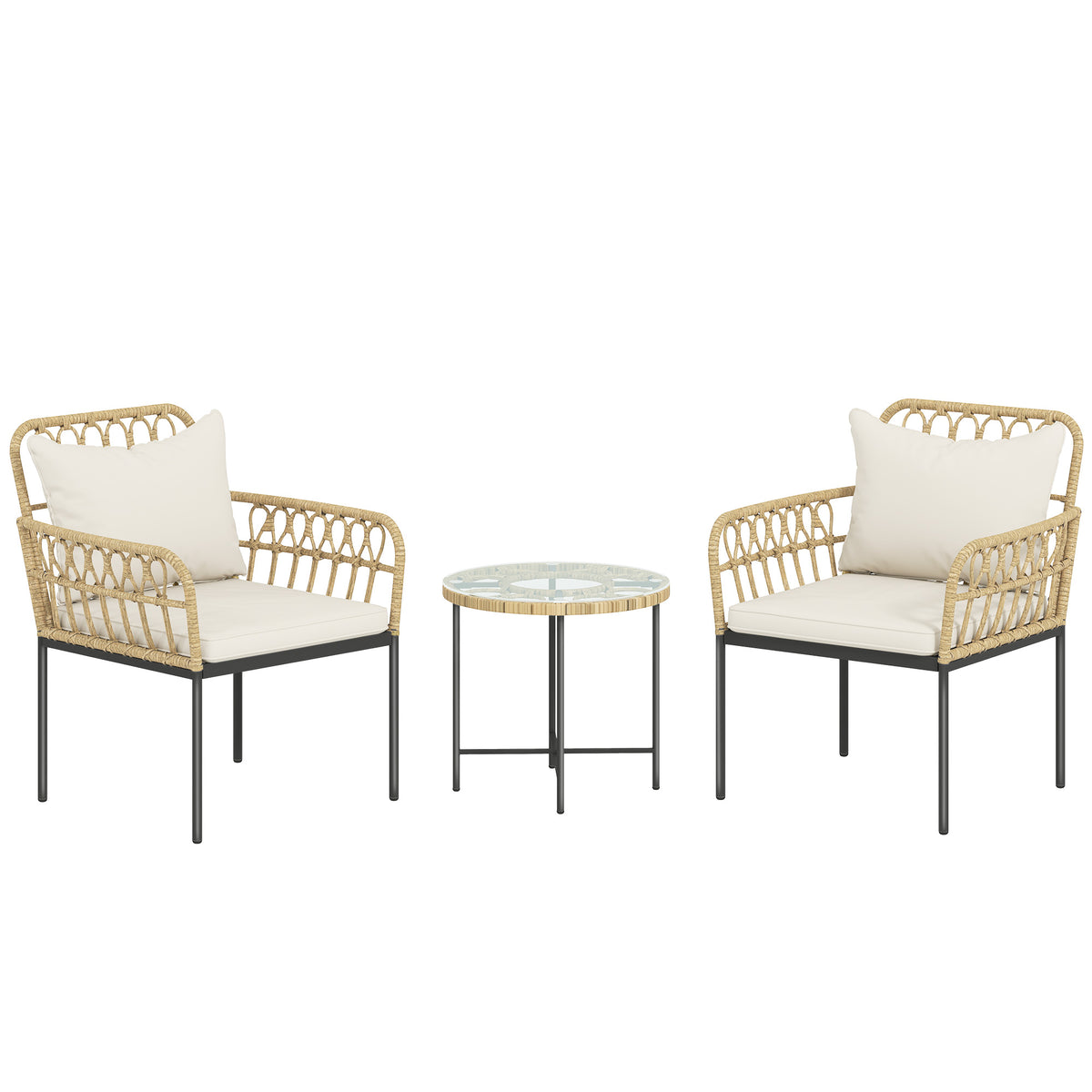Photo of Outsunny 3 Piece Rattan Bistro Set, Wicker Garden Furniture Set with Cushions, Glass Top Coffee Table and Chairs for Outdoor, Patio, Balcony, Beige in Beige colour on a white background