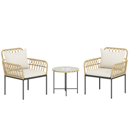 Photo of Outsunny 3 Piece Rattan Bistro Set, Wicker Garden Furniture Set with Cushions, Glass Top Coffee Table and Chairs for Outdoor, Patio, Balcony, Beige in Beige colour on a white background