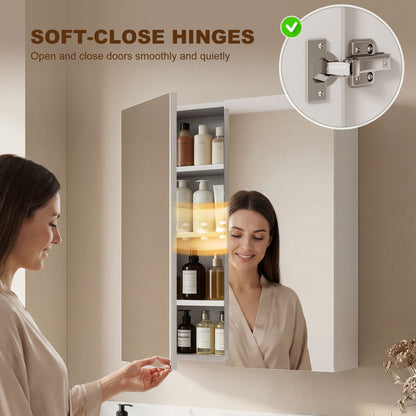 White double-door mirror cabinet open to reveal three shelves and soft-close hinges.