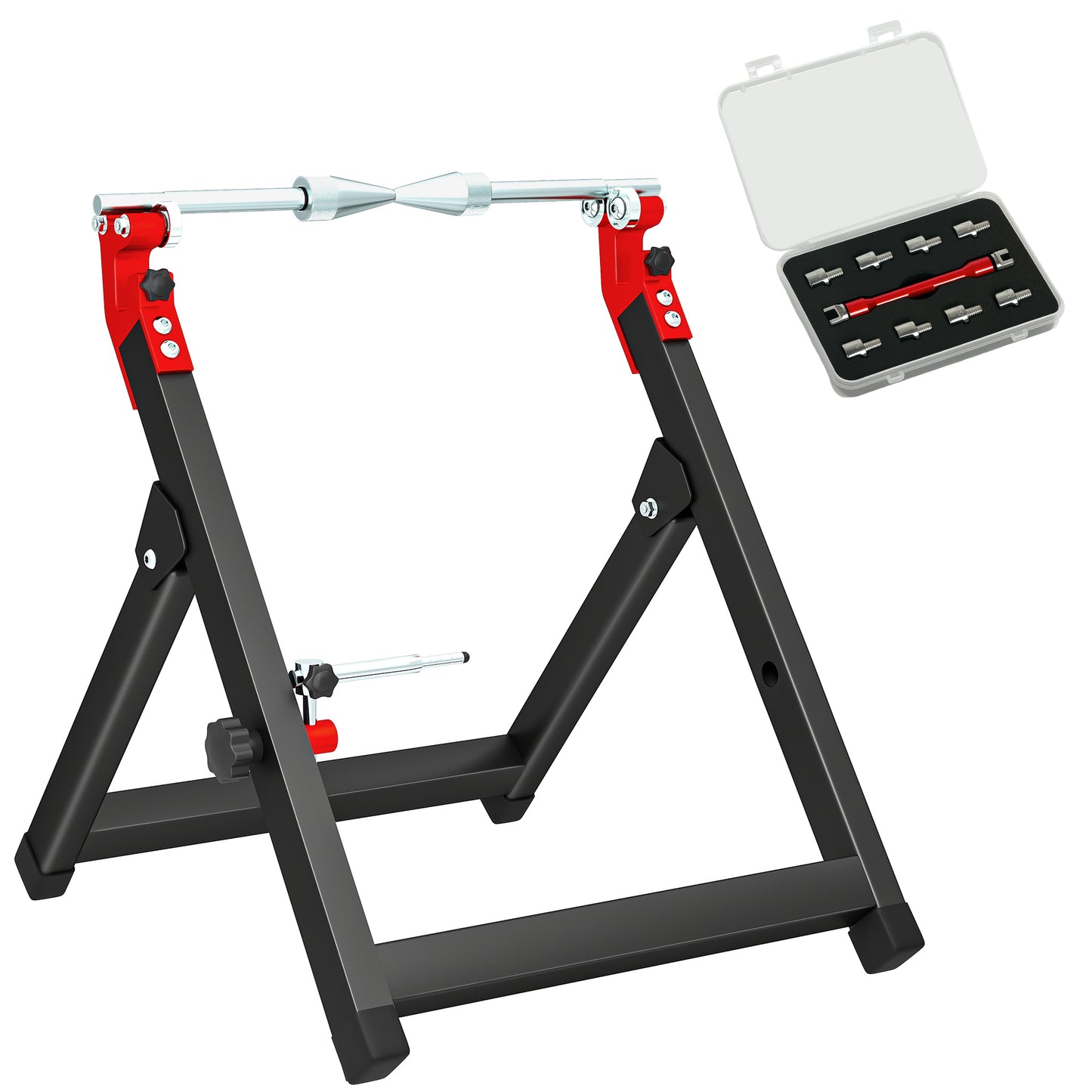 Photo of HOMCOM Foldable Motorcycle Wheel Balancer Truing Stand with Spoke Wrench, Steel Bike Tyre Rim Balancing Stand with Aluminium Shaft, Fits Wheels up to 23" in Diameter, 5" in Width, Black in Black colour on a white background