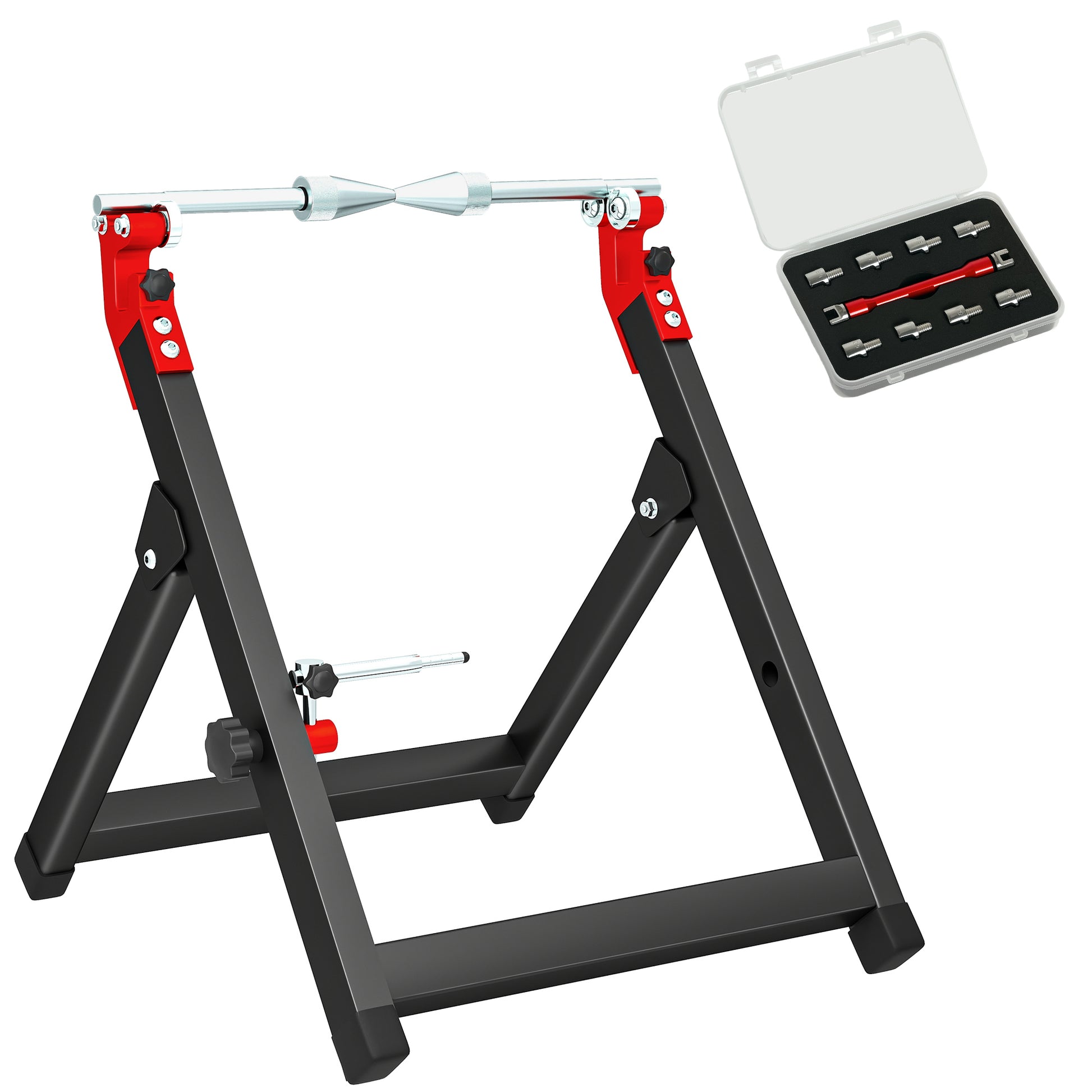 Photo of HOMCOM Foldable Motorcycle Wheel Balancer Truing Stand with Spoke Wrench, Steel Bike Tyre Rim Balancing Stand with Aluminium Shaft, Fits Wheels up to 23" in Diameter, 5" in Width, Black in Black colour on a white background