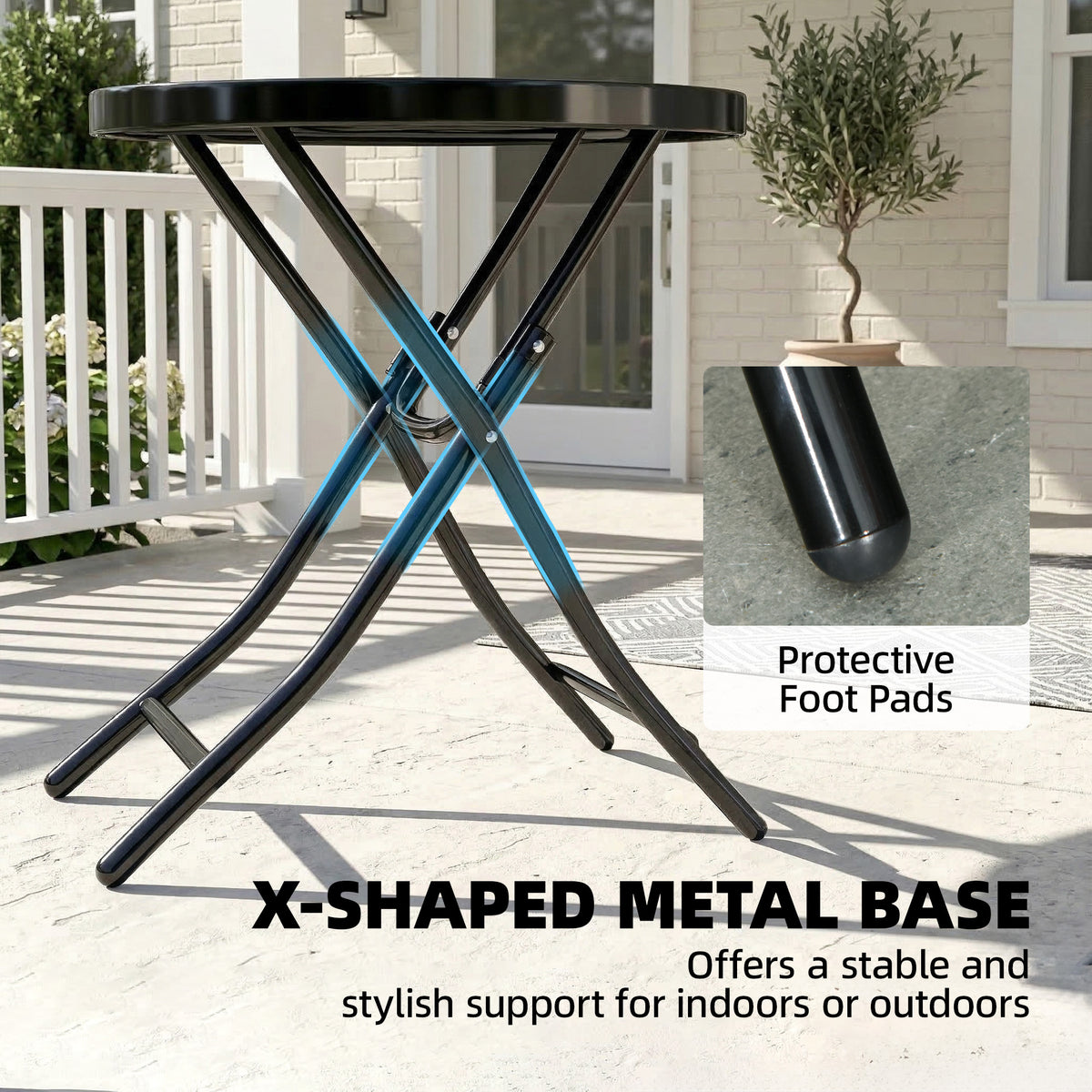 Outsunny Foldable Garden Side Table, Round Folding Table with Glass Tabletop and Safety Buckle for Patio, Garden, Outdoor, Indoor, Black