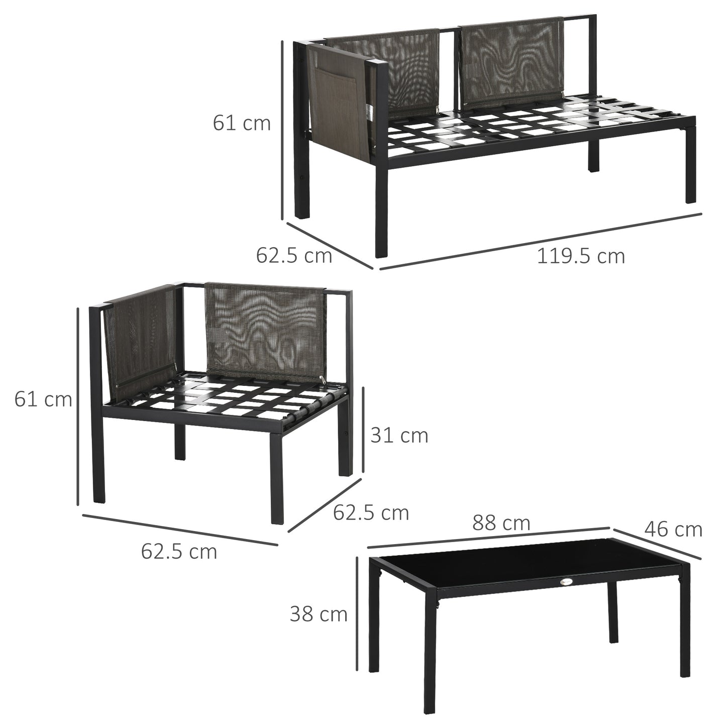 Outsunny 5 Seater Garden Corner Sofa Set, 4 Pieces Metal Garden Furniture Set with Loveseats, Glass Top Coffee Table, Breathable Mesh Pocket, Outdoor Conversation Furniture with Cushions, Light Grey