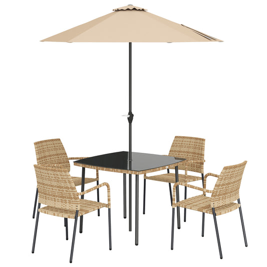 Photo of Outsunny 4 Seater Rattan Dining Set with Parasol, 6 Piece Garden Table and Stackable Chairs with Tempered Glass Tabletop in Tabletop colour on a white background