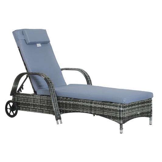 Photo of Outsunny Garden Rattan Furniture Single Sun Lounger Recliner Bed Reclining Chair Patio Outdoor Wicker Weave Adjustable Headrest with Fire Retardant Cushion - Grey in Grey colour on a white background