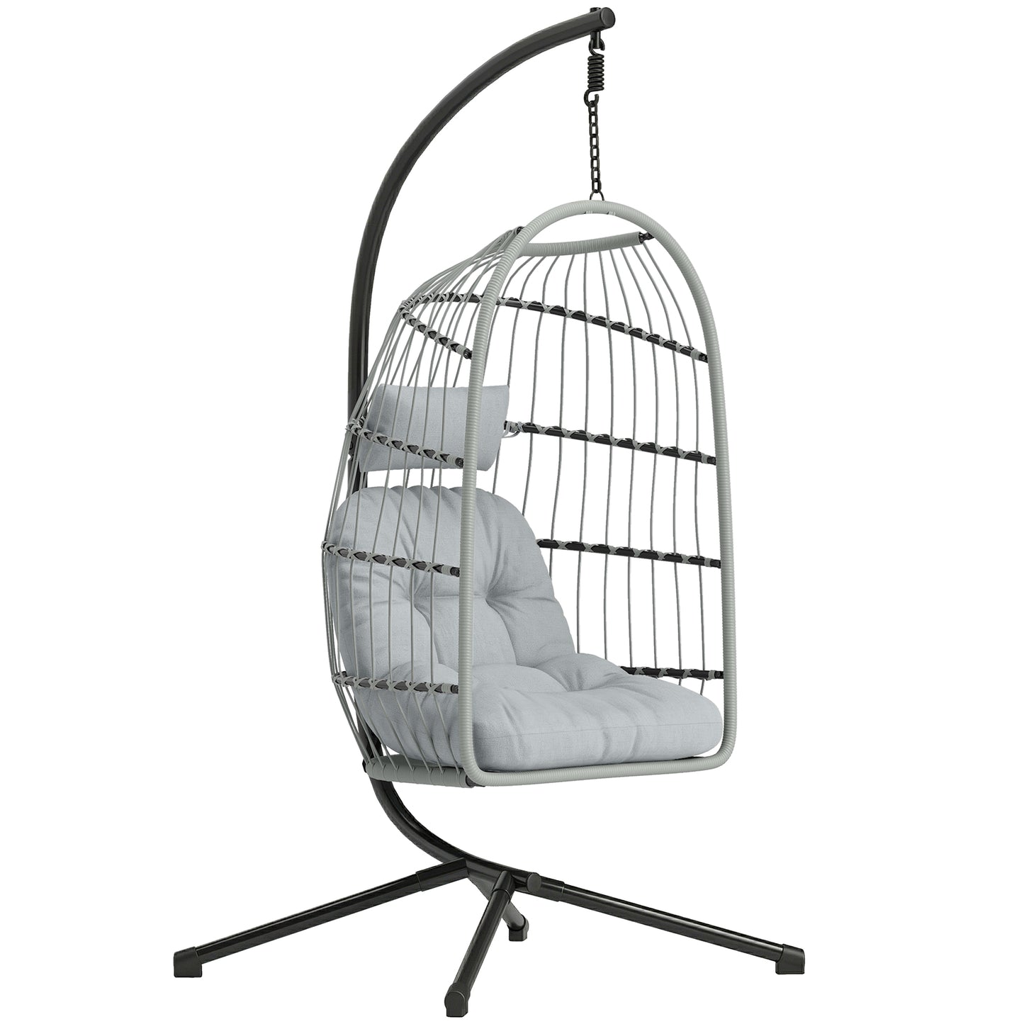 Photo of Outsunny Hanging Egg Chair, Indoor Outdoor Hammock Swing Chair with Stand, Safety Strap, Foldable Basket, Light Grey in Grey colour on a white background
