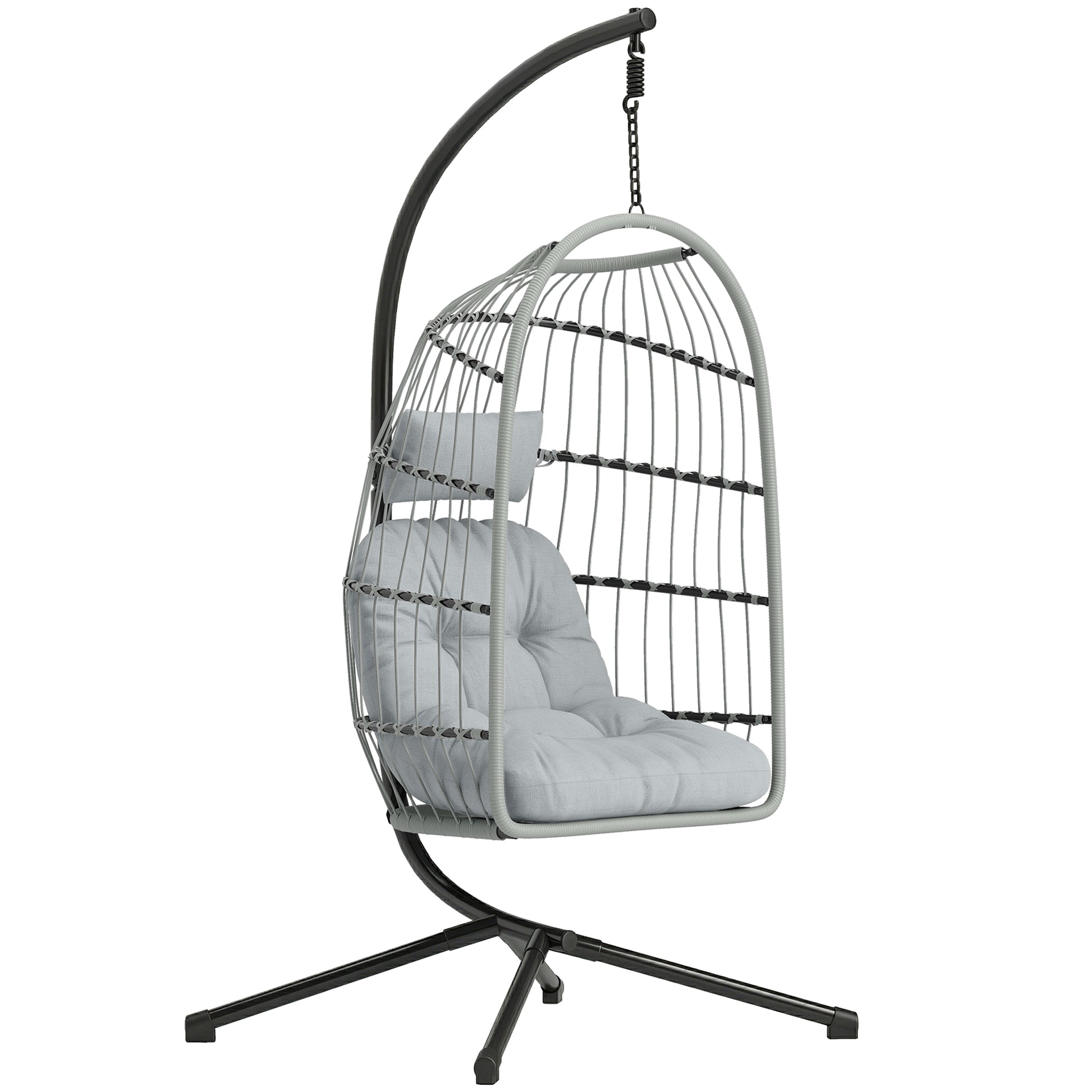 Photo of Outsunny Hanging Egg Chair, Indoor Outdoor Hammock Swing Chair with Stand, Safety Strap, Foldable Basket, Light Grey in Grey colour on a white background
