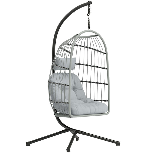 Photo of Outsunny Hanging Egg Chair, Indoor Outdoor Hammock Swing Chair with Stand, Safety Strap, Foldable Basket, Light Grey in Grey colour on a white background
