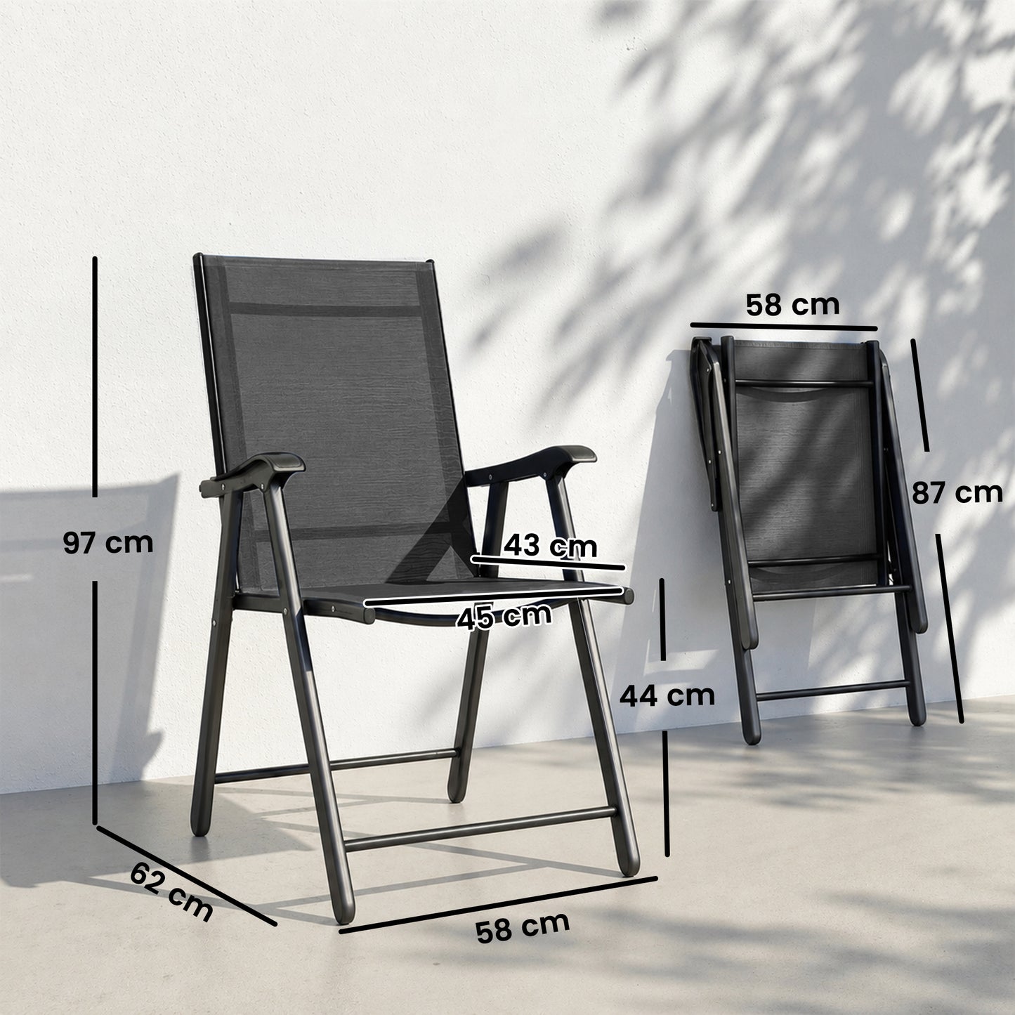 Outsunny Folding Garden Chairs Set of 2, Foldable Garden Dining Chairs with High Back, Armrests, Texteline Seat, Black