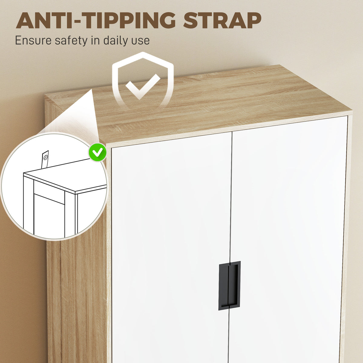 HOMCOM Modern Clothes Storage Cupboard Unit, 3 Drawer 2 Door Wardrobe with Hanging Rod, Oak
