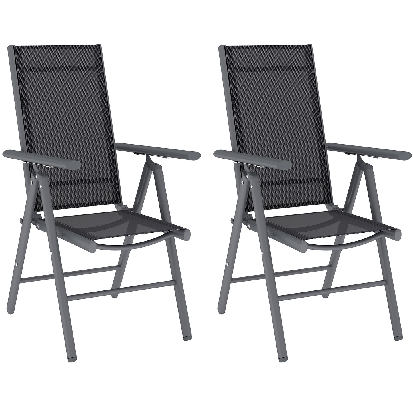 Photo of Outsunny Set of 2 Folding Garden Chairs, Aluminium Frame Outdoor Dining Chairs with Breathable Mesh Back and Seat, Garden Folding Chair Set with Armrests for Balcony, Dark Grey in Grey colour on a white background