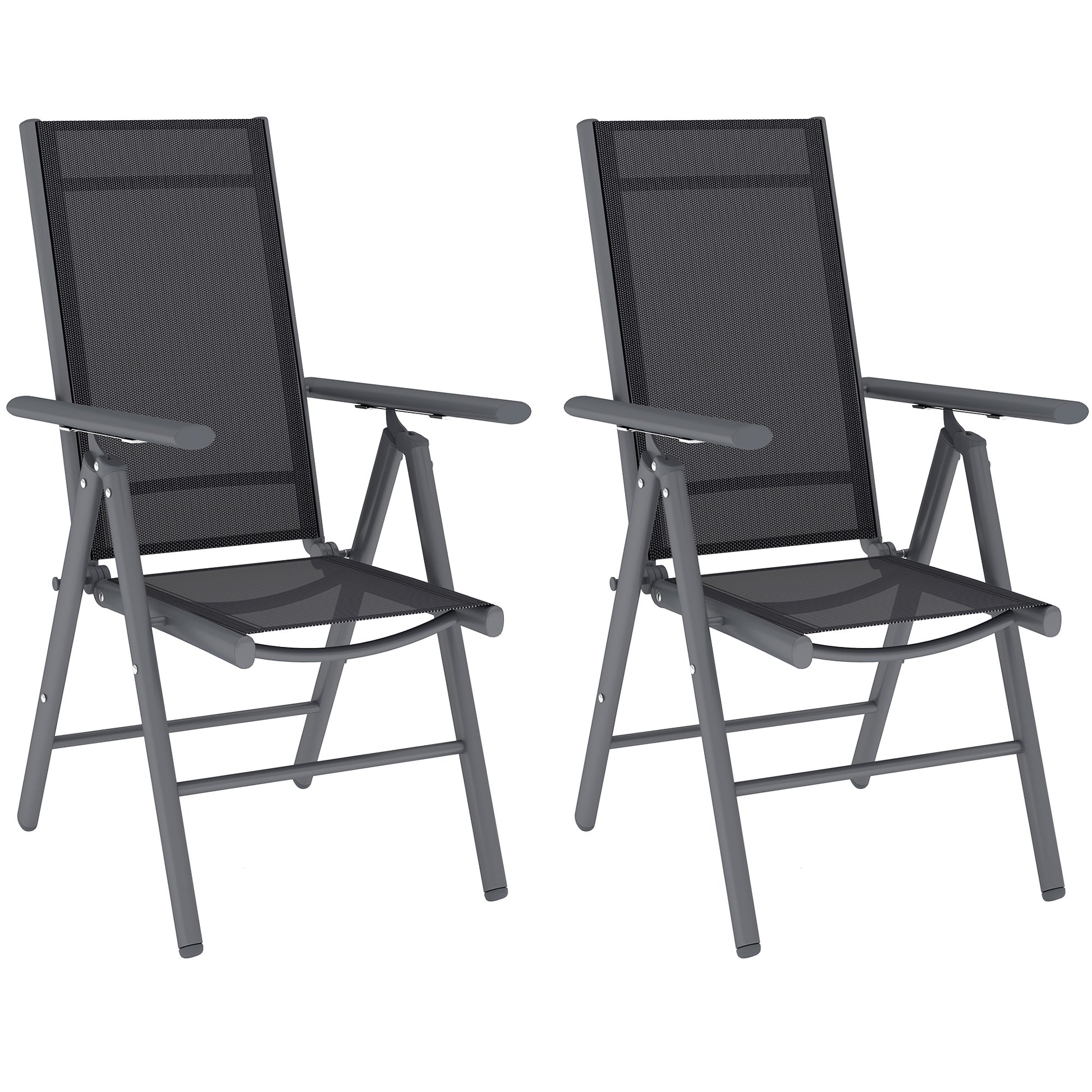 Photo of Outsunny Set of 2 Folding Garden Chairs, Aluminium Frame Outdoor Dining Chairs with Breathable Mesh Back and Seat, Garden Folding Chair Set with Armrests for Balcony, Dark Grey in Grey colour on a white background