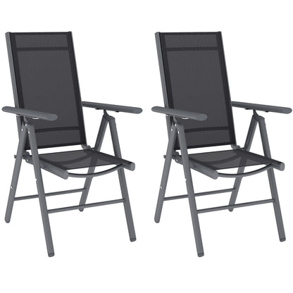 Pair of dark grey folding garden chairs with mesh seats, backs, and armrests