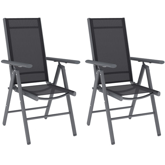 Photo of Outsunny Set of 2 Folding Garden Chairs, Aluminium Frame Outdoor Dining Chairs with Breathable Mesh Back and Seat, Garden Folding Chair Set with Armrests for Balcony, Dark Grey in Grey colour on a white background