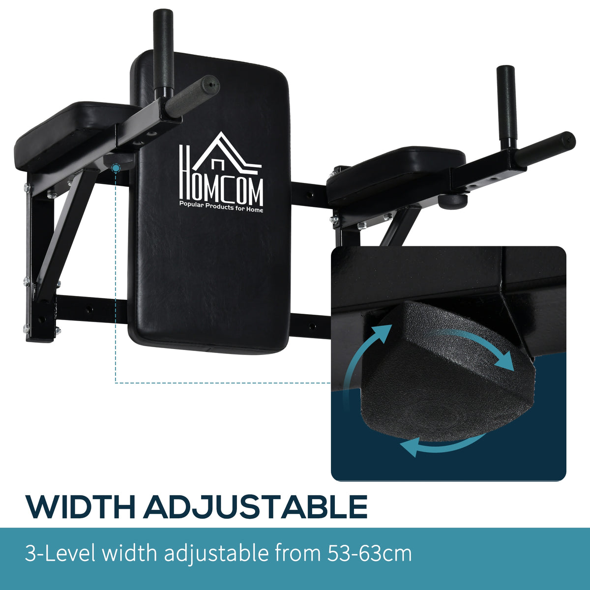 Wall-mounted dip station with adjustable-width padded arms and upright grip handles
