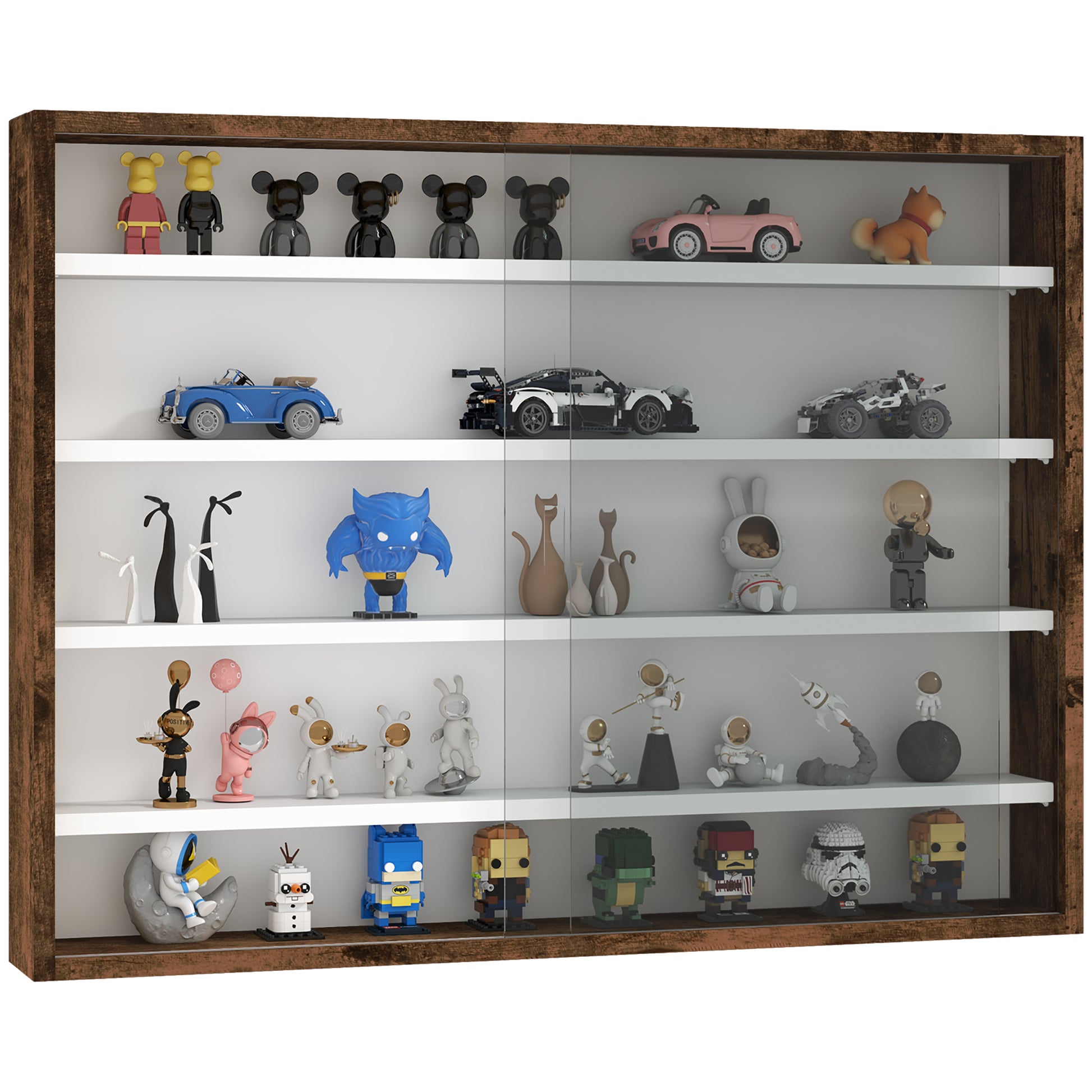 Photo of HOMCOM 5-Tier Wall Display Shelf Unit Cabinet w/ 4 Adjustable Shelves Glass Doors Home Office Ornaments 60x80cm Rustic brown in brown colour on a white background