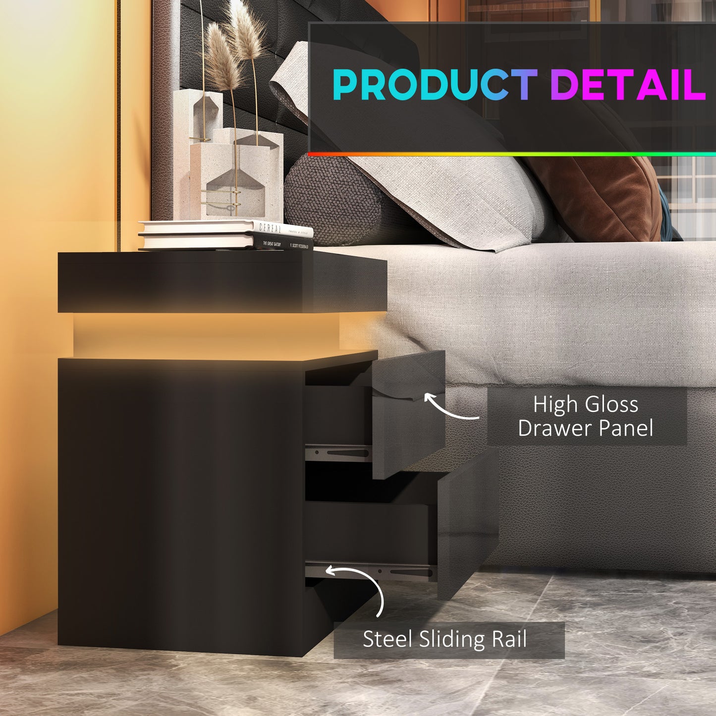 HOMCOM High Gloss Front Bedside Tables Set of 2, Nightstands with RGB LED Light and 2 Drawers, Chest of Drawers for Bedroom, Living Room, Black