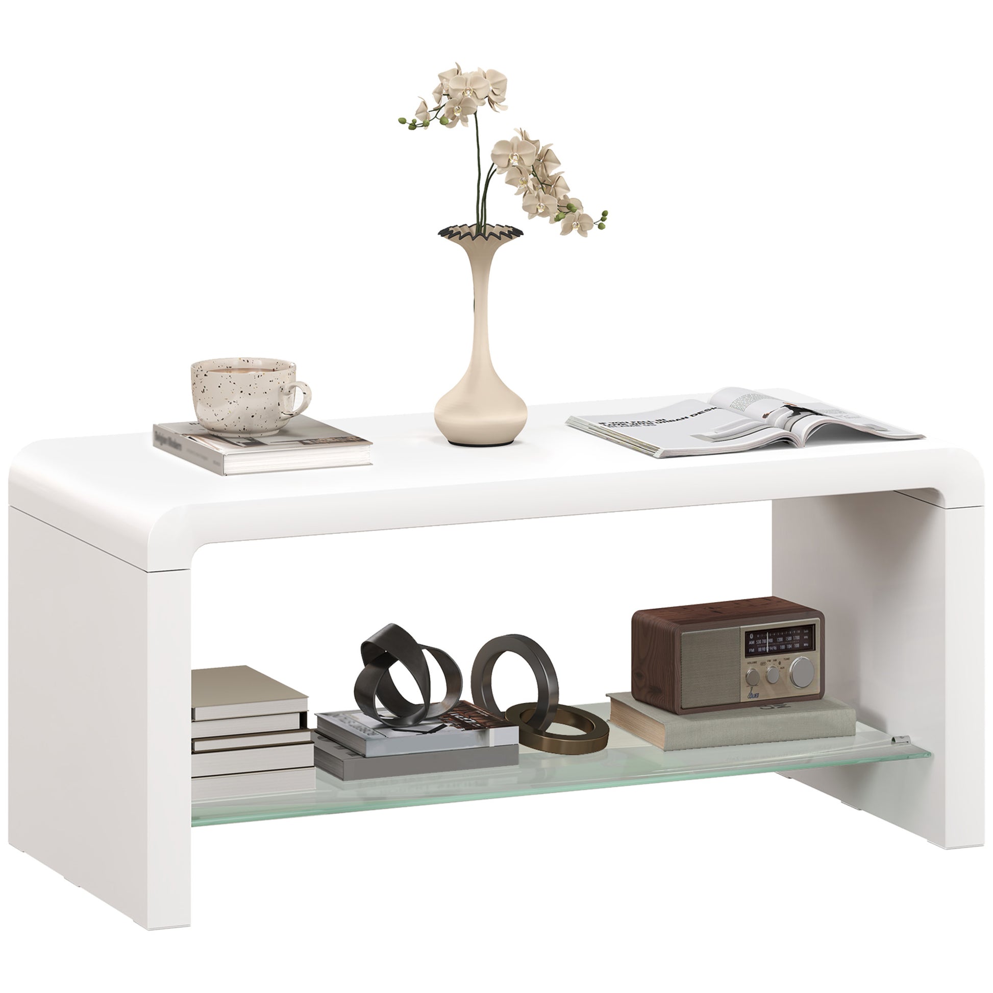 Photo of HOMCOM Curved Two-Tier Coffee Table - High Gloss White in White colour on a white background