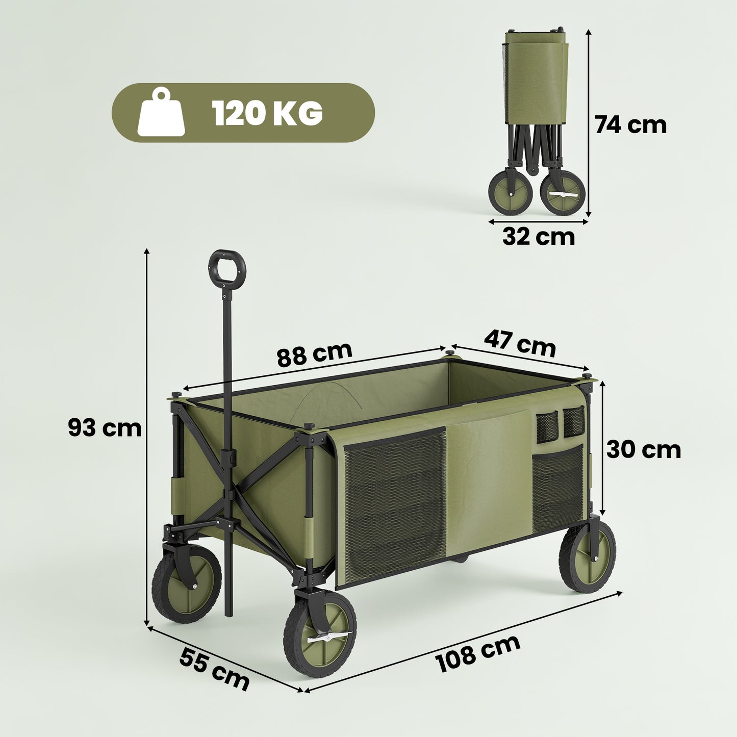 Outsunny 125L Festival Trolley on Wheels, Folding Wagon Camping Trolley Cart with Removable Cover, Side Pockets, Adjustable Handle, Portable Wagon Cart for Outdoor Garden Shopping Picnic, Green