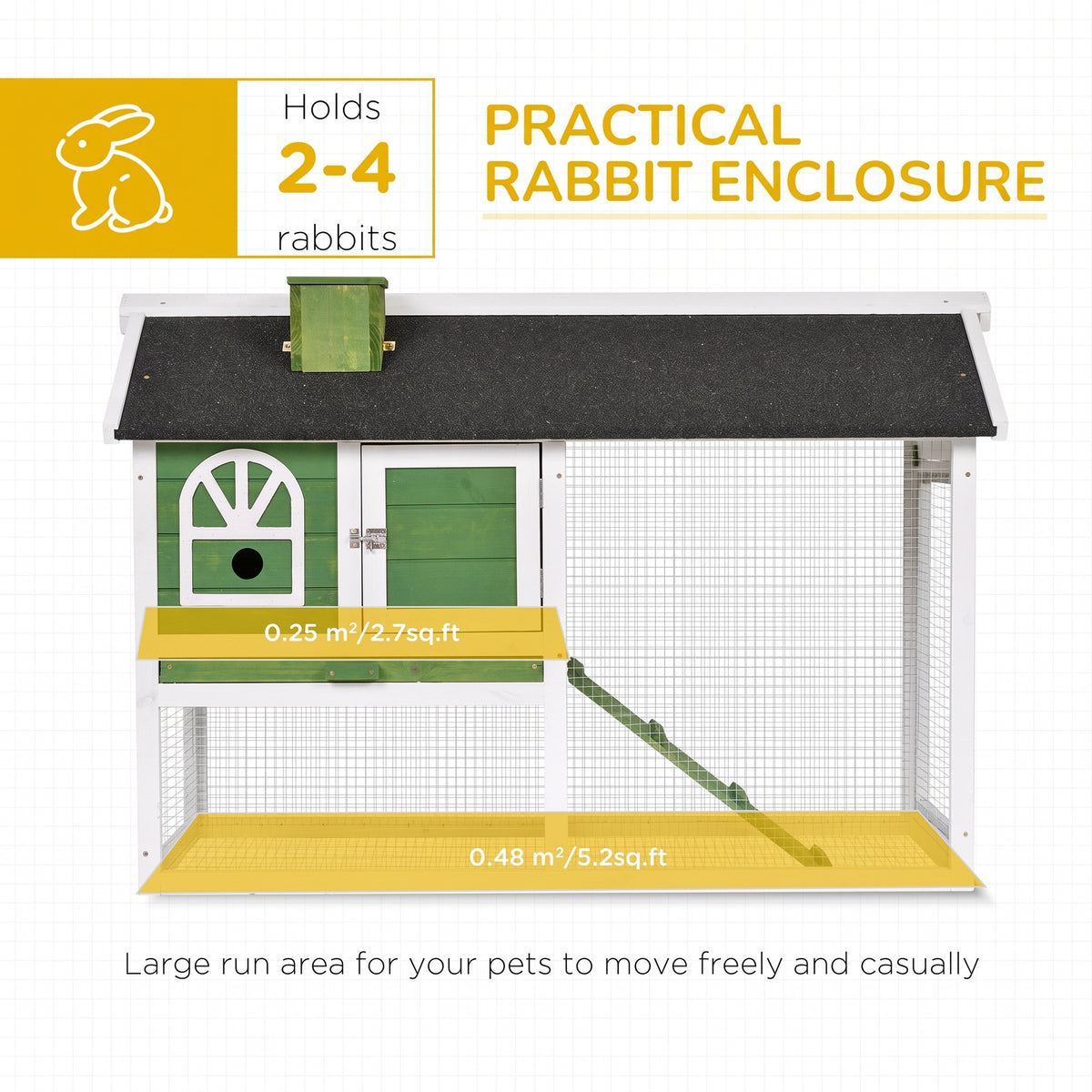 Rabbit hutch and wire run with ramp, sized for two to four rabbits.