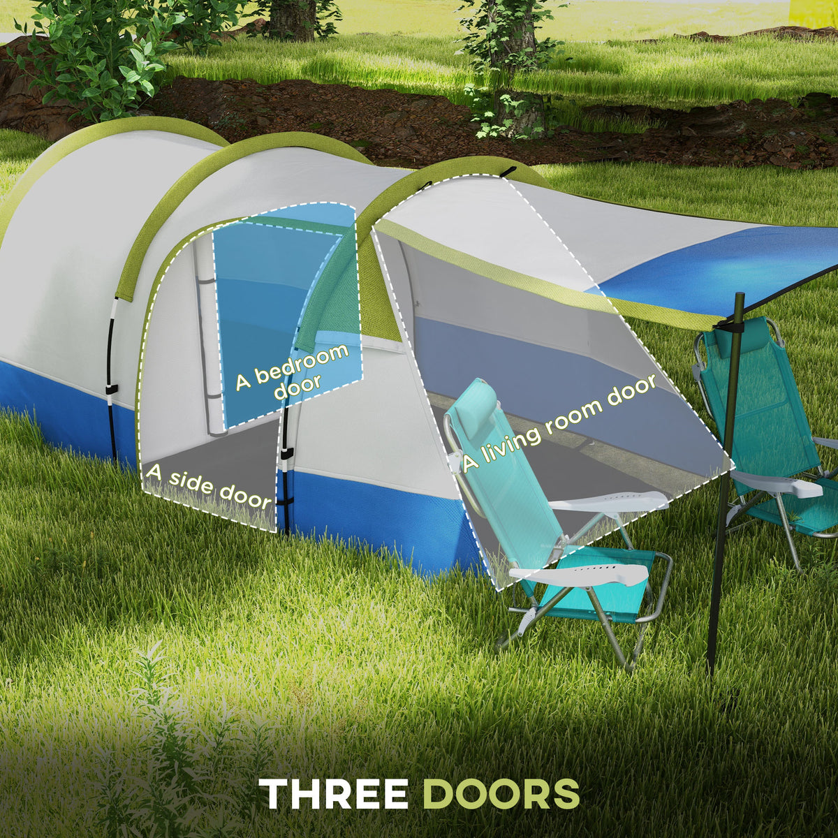 Outsunny Two Man Two-Room Tent, with Porch and Accessories - Green