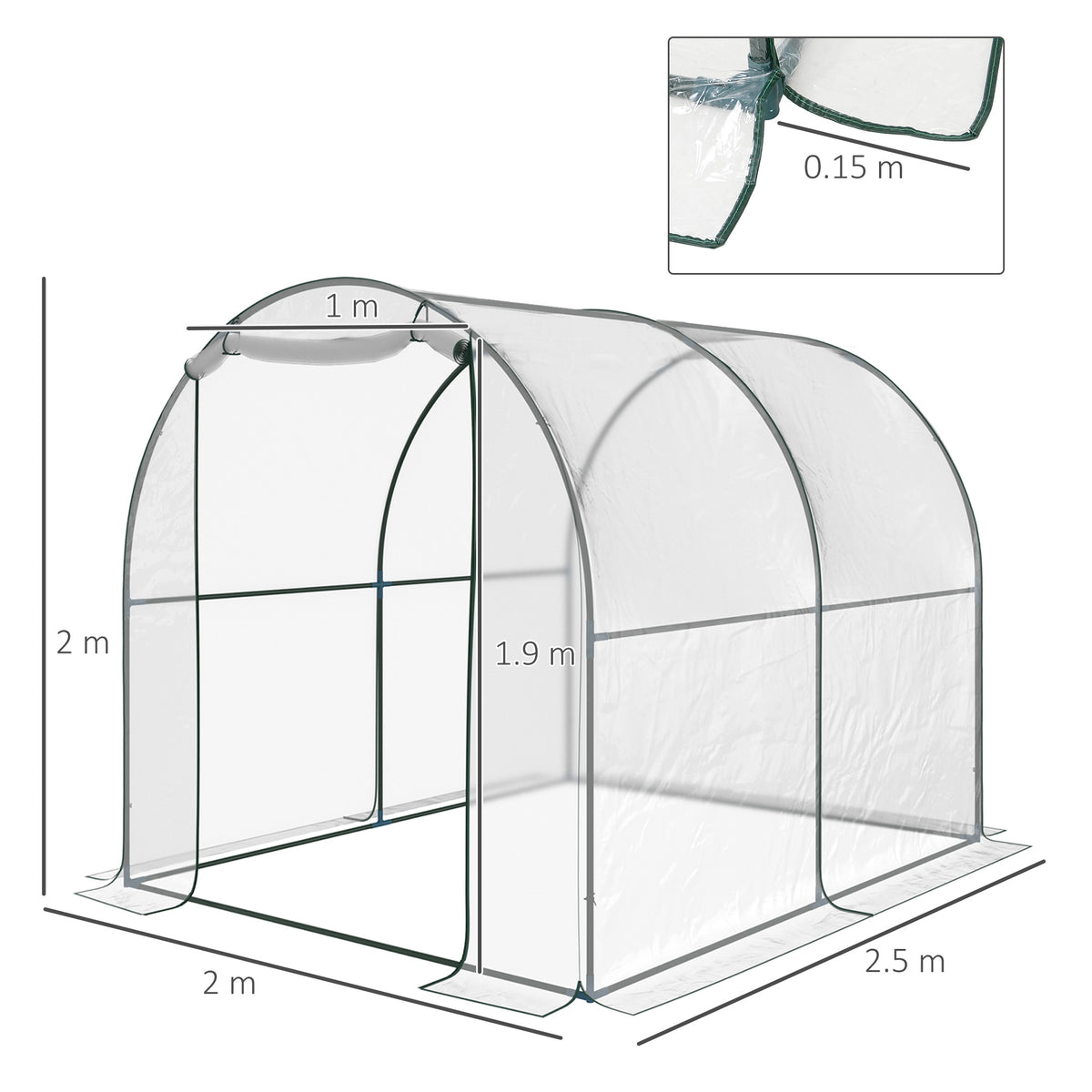 Outsunny polytunnel greenhouse with roll-up door, shown with 2.5 by 2 m dimensions