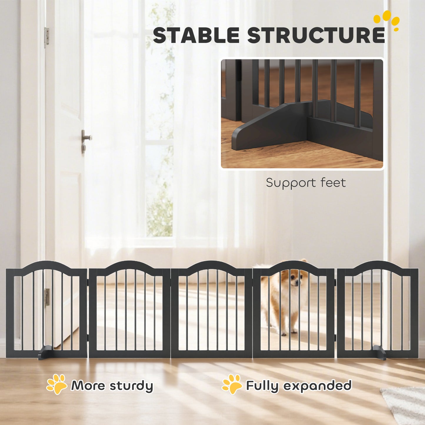 PawHut Wooden Foldable Dog Gate Panel Pet Fence Freestanding Safety Barrier for the House, Doorway, Stairs (Black)
