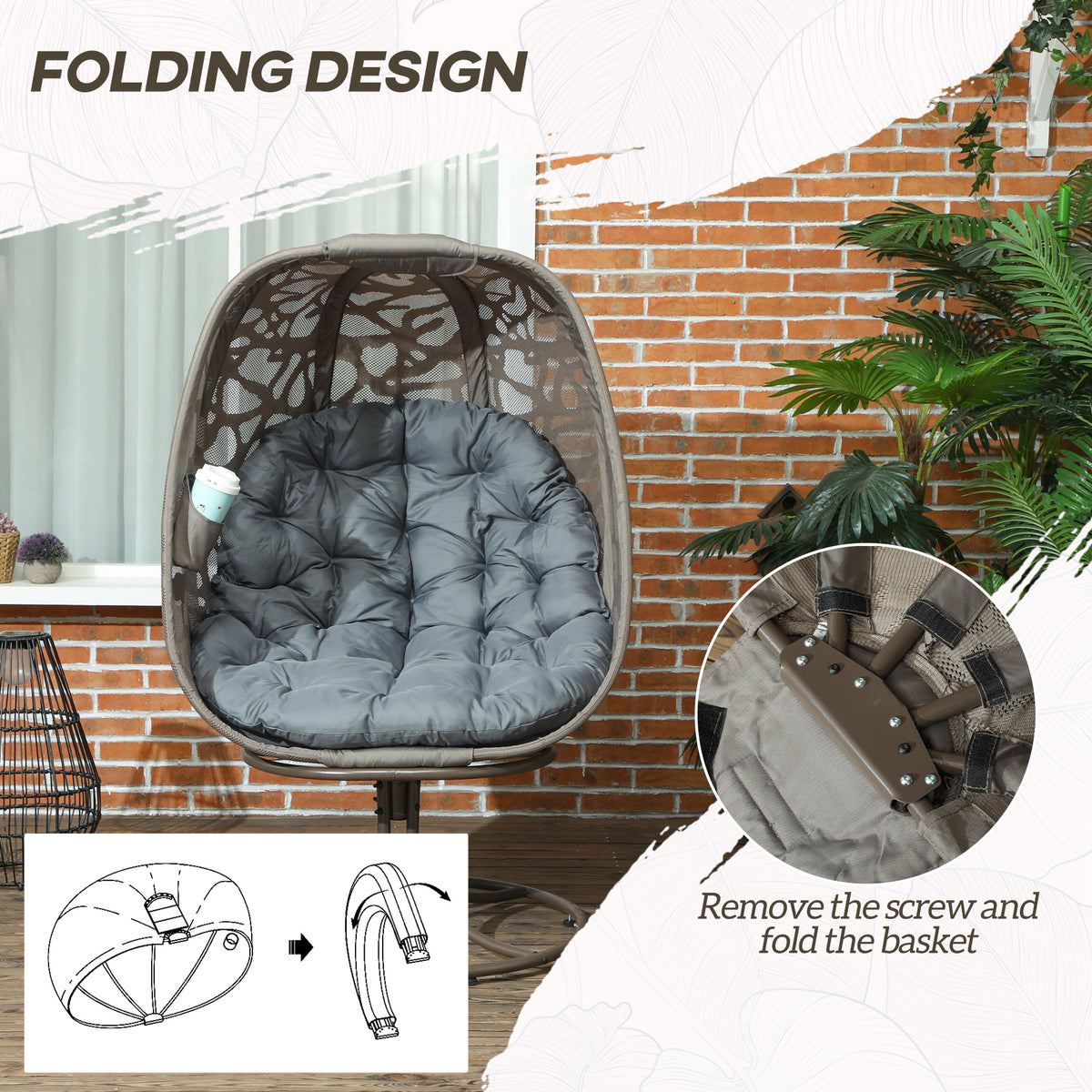 Outsunny egg chair with foldable basket seat and metal swivel base