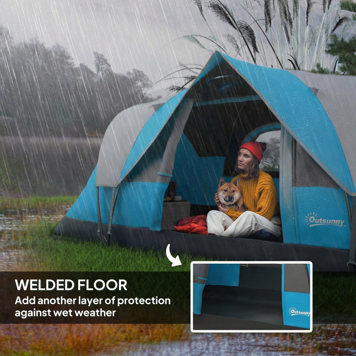 Outsunny 5-6 Man Camping Tent, Tunnel Tent, Water Resistant Hiking Shelter with Groundsheet and Carry Bag, Light Blue