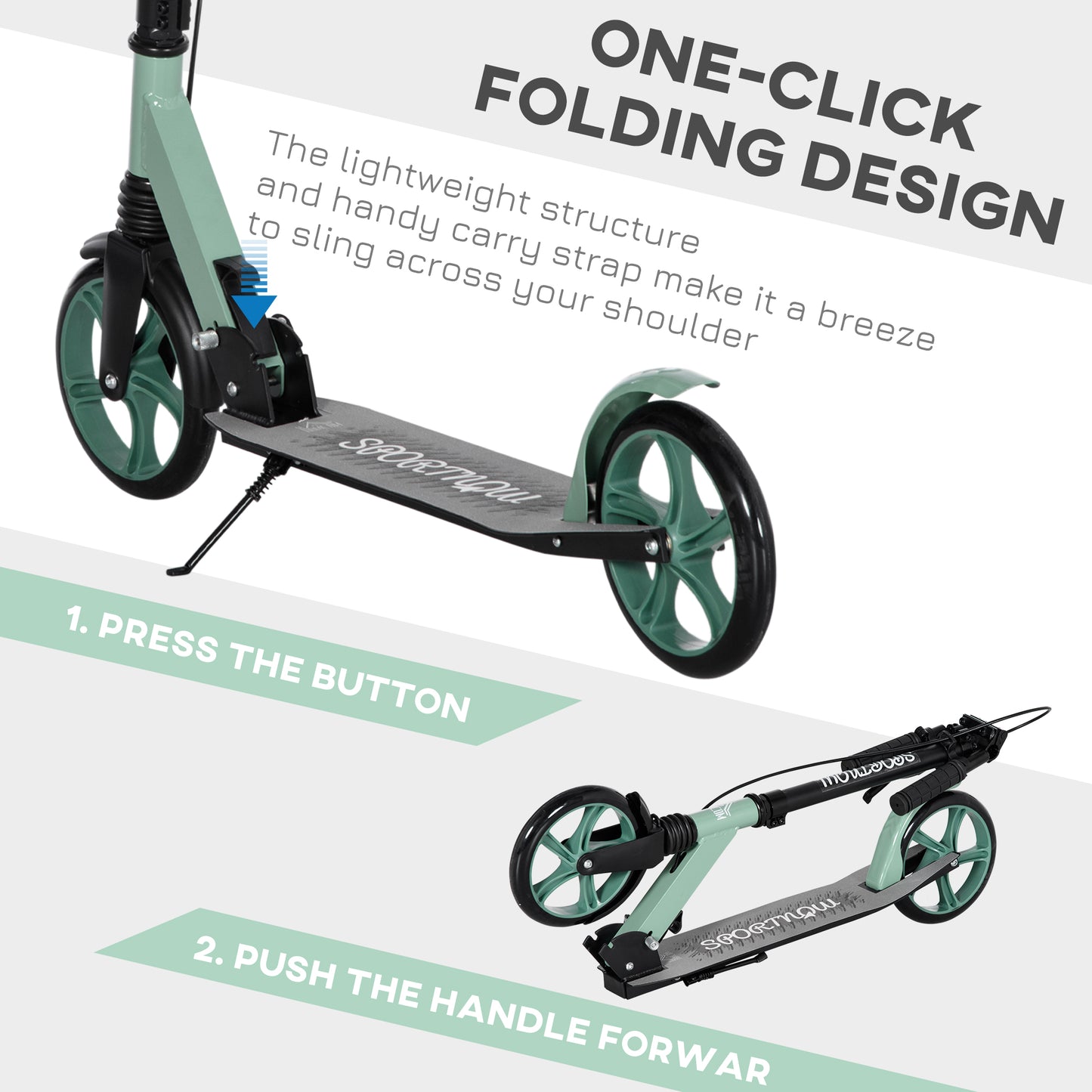 HOMCOM One-click Folding Kick Scooter for 14+ w/ Adjustable Handlebar, Push Scooter with Kickstand, Dual Brake System, Shock Absorber, 200mm Wheels & ABEC-9 Bearings, Green