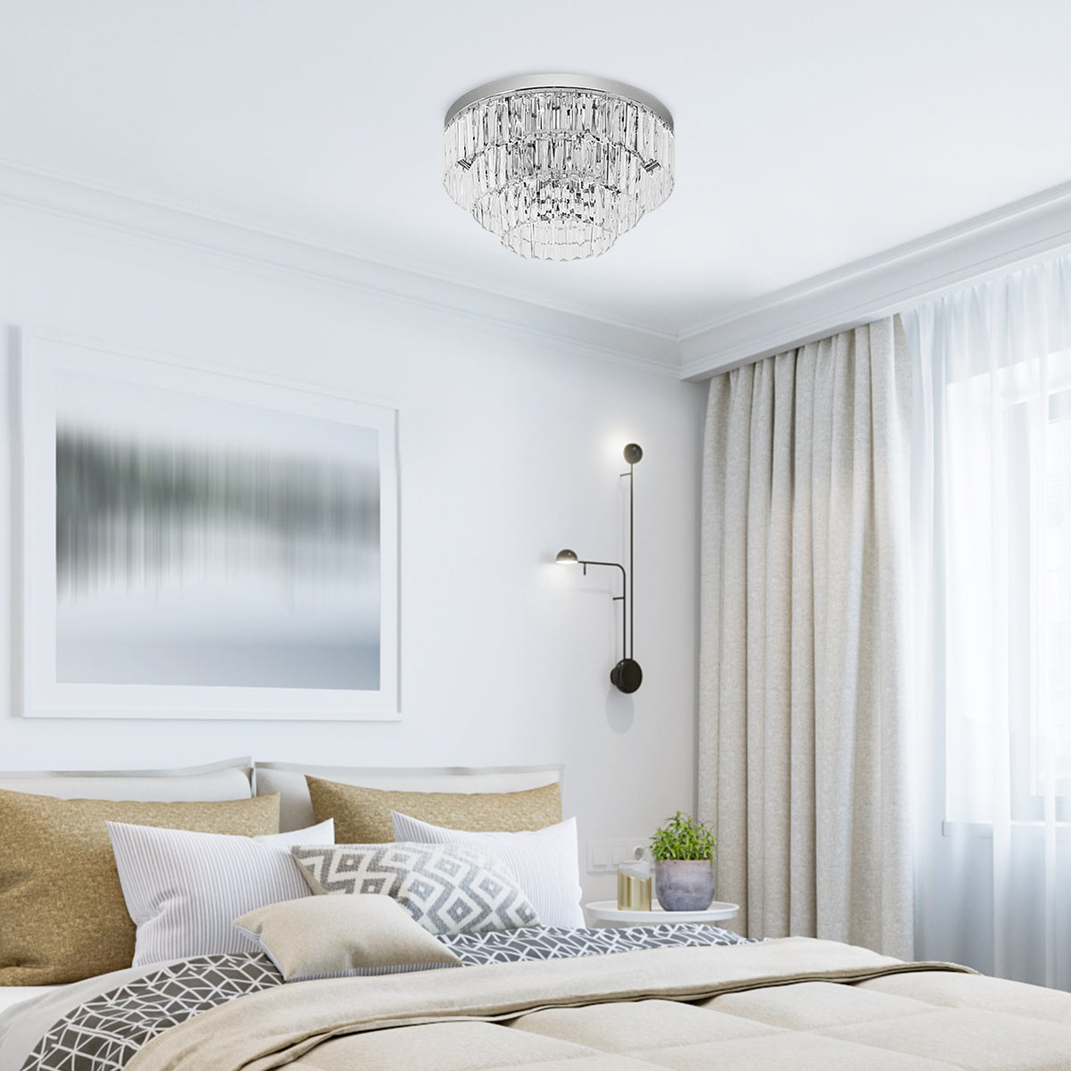 Round crystal ceiling chandelier installed above a bedroom