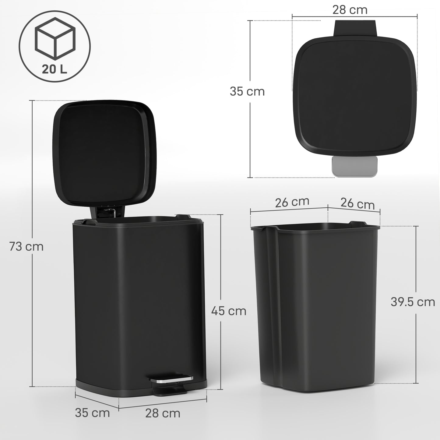 HOMCOM 20L Modern Boxy Metal Home Kitchen Bin - Black