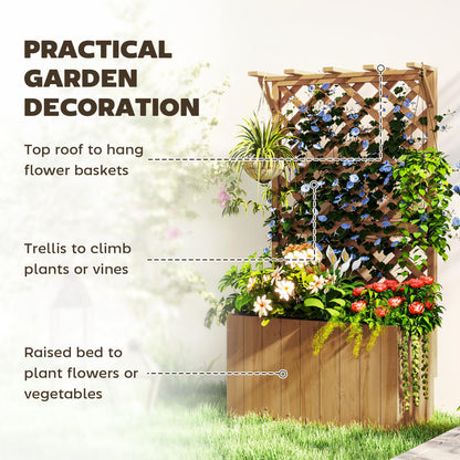 Outsunny wooden raised planter with trellis shown supporting climbing plants and flowers