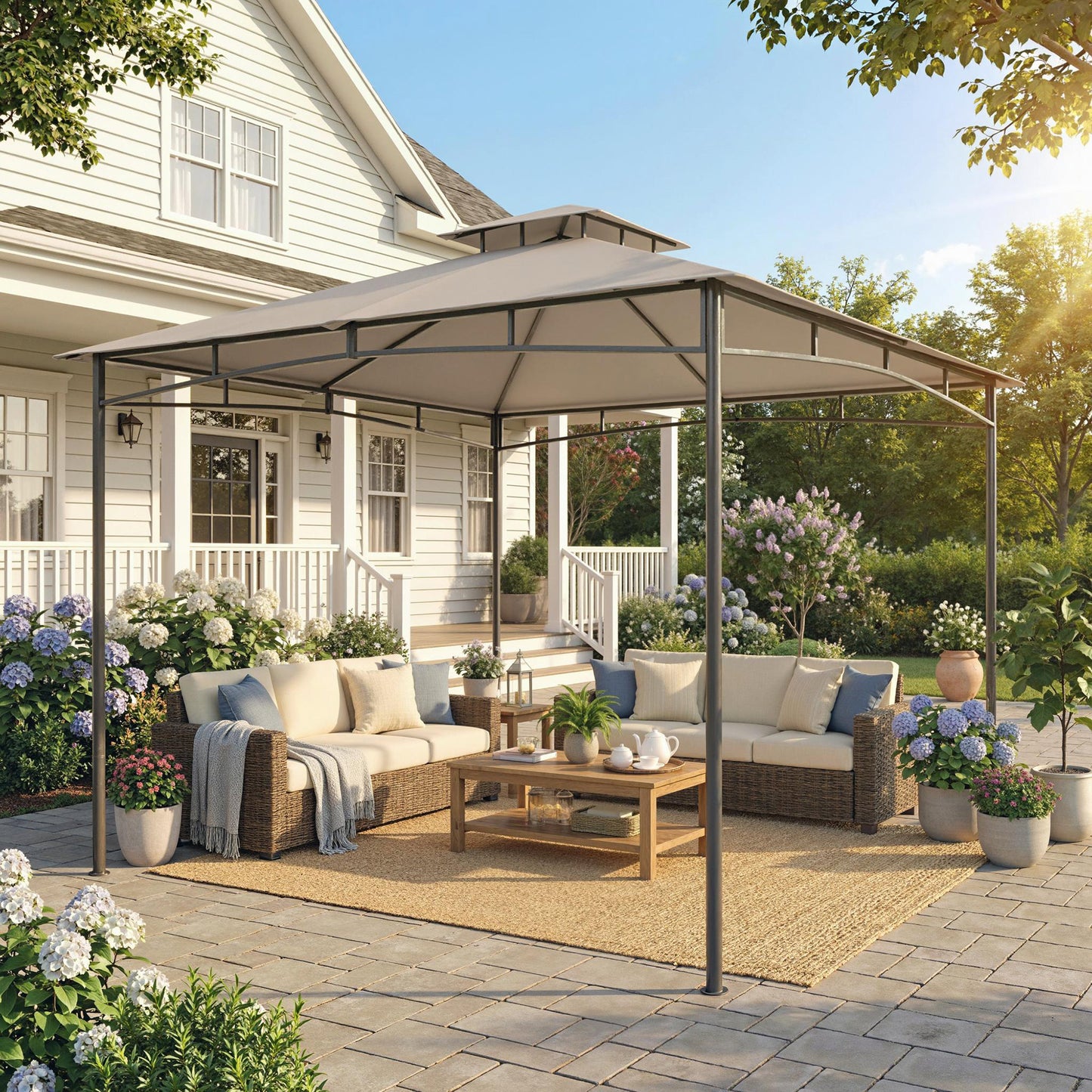Outsunny 3 x 3 m Gazebo, Garden Gazebo with 2-Tier Roof, Metal Frame, Khaki