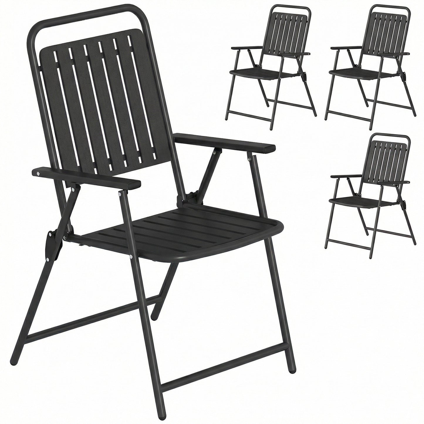 Photo of Outsunny Folding Garden Chairs, Garden Dining Chairs with Plastic Slatted Seat Back, Armrests, Steel Frame, Set of 4, Black in Black colour on a white background