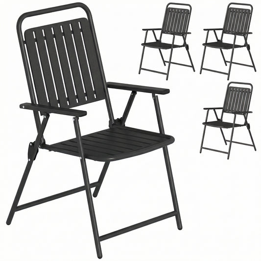 Photo of Outsunny Folding Garden Chairs, Garden Dining Chairs with Plastic Slatted Seat Back, Armrests, Steel Frame, Set of 4, Black in Black colour on a white background